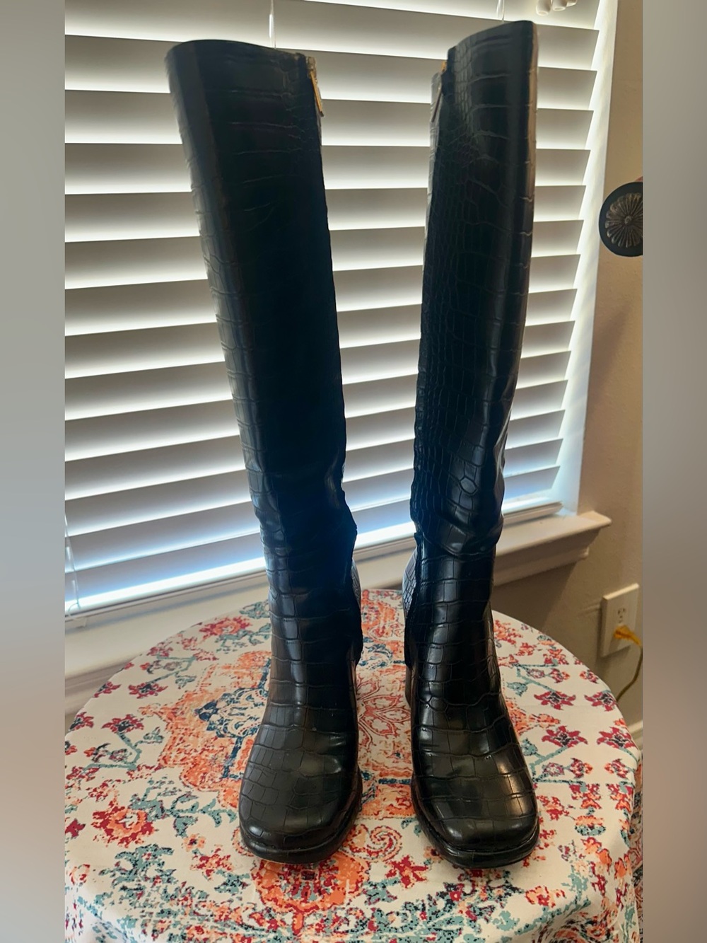 Tall Black Croc-Embossed Knee-High Women's Boots